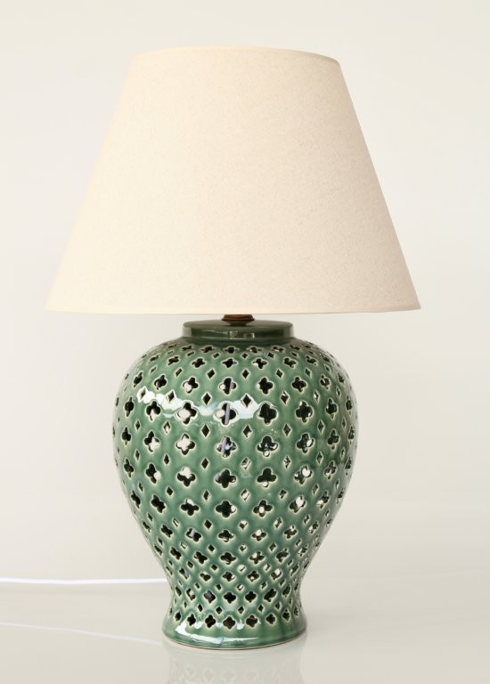 Green Cut-Out Ceramic Lamp Base With Beige Shade